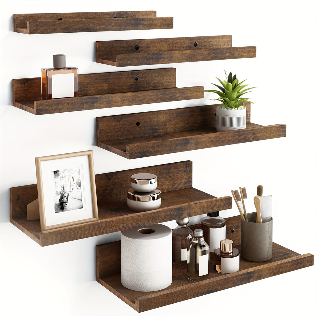 Floating Shelves 6pcs Set Wall Mounted Shelves 6 Different Sizes | Heavy Duty Shelf for Home Decor Bathroom Bedroom Living Room Space Saving Storage White Brown Black