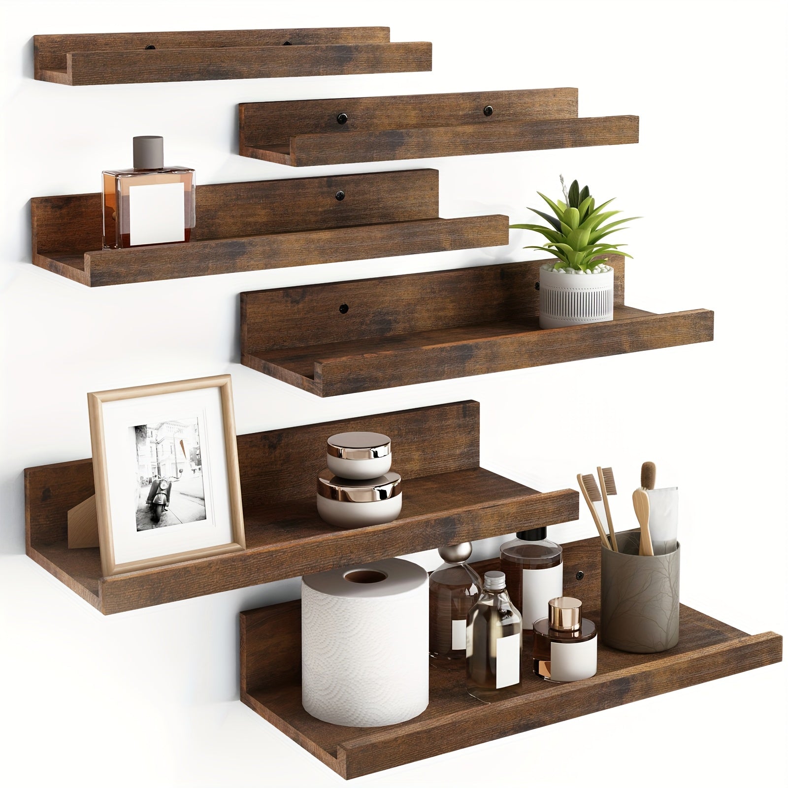Floating Shelves 6pcs Set Wall Mounted Shelves 6 Different Sizes | Heavy Duty Shelf for Home Decor Bathroom Bedroom Living Room Space Saving Storage White Brown Black