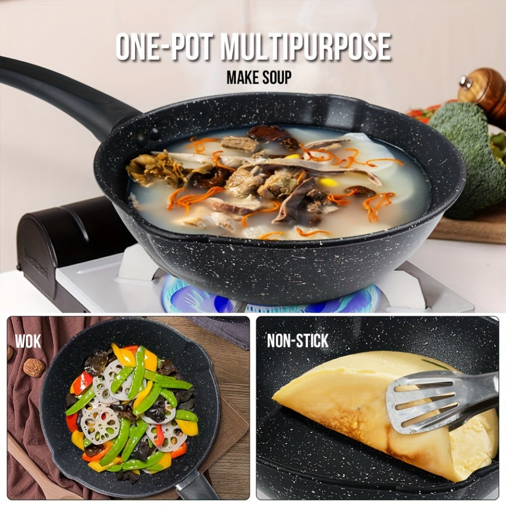 Non-Stick Cookware Set 4pcs Aluminum Frying Pan Kitchen Cooking Set Even Heat Distribution Easy Clean for Sauteing Searing Frying Everyday Home Cooking Black