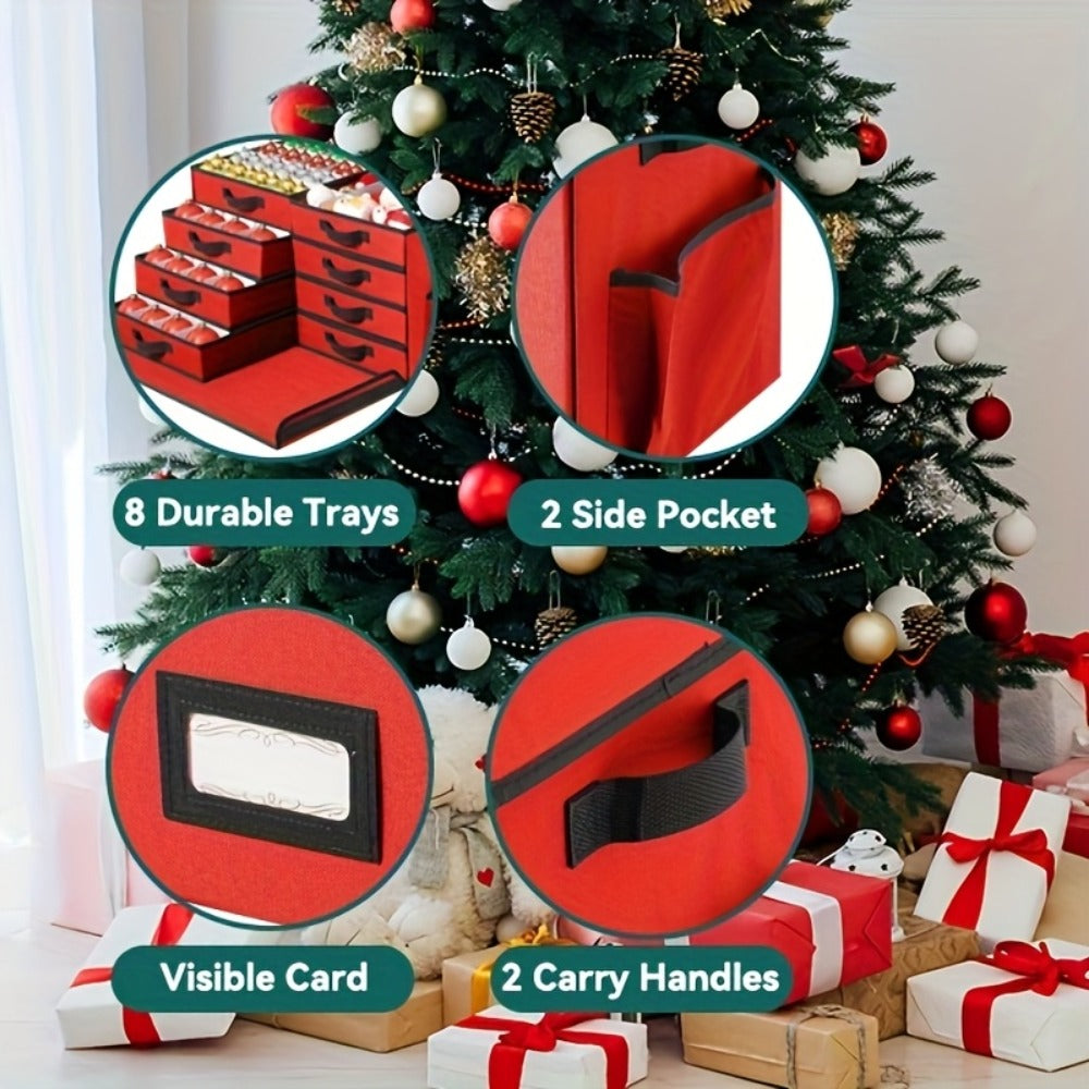 Christmas Ornament Storage Box 128 Slots 8 Trays Stackable Large Capacity Holiday Organizer with Lid Side Open Adjustable Dividers Removable Trays Red Green