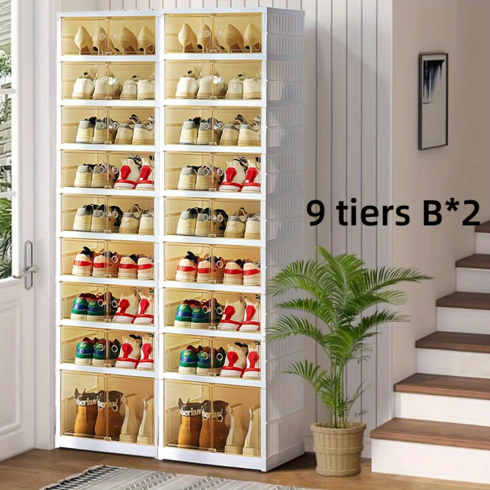 Shoe Rack Organizer 9-Tier, Collapsible Clear Plastic Foldable Stackable Shoe Cabinet with Shelves & Doors ¡ª No Assembly, Space-Saving Narrow Storage for Hallway, Apartment & Small Spaces