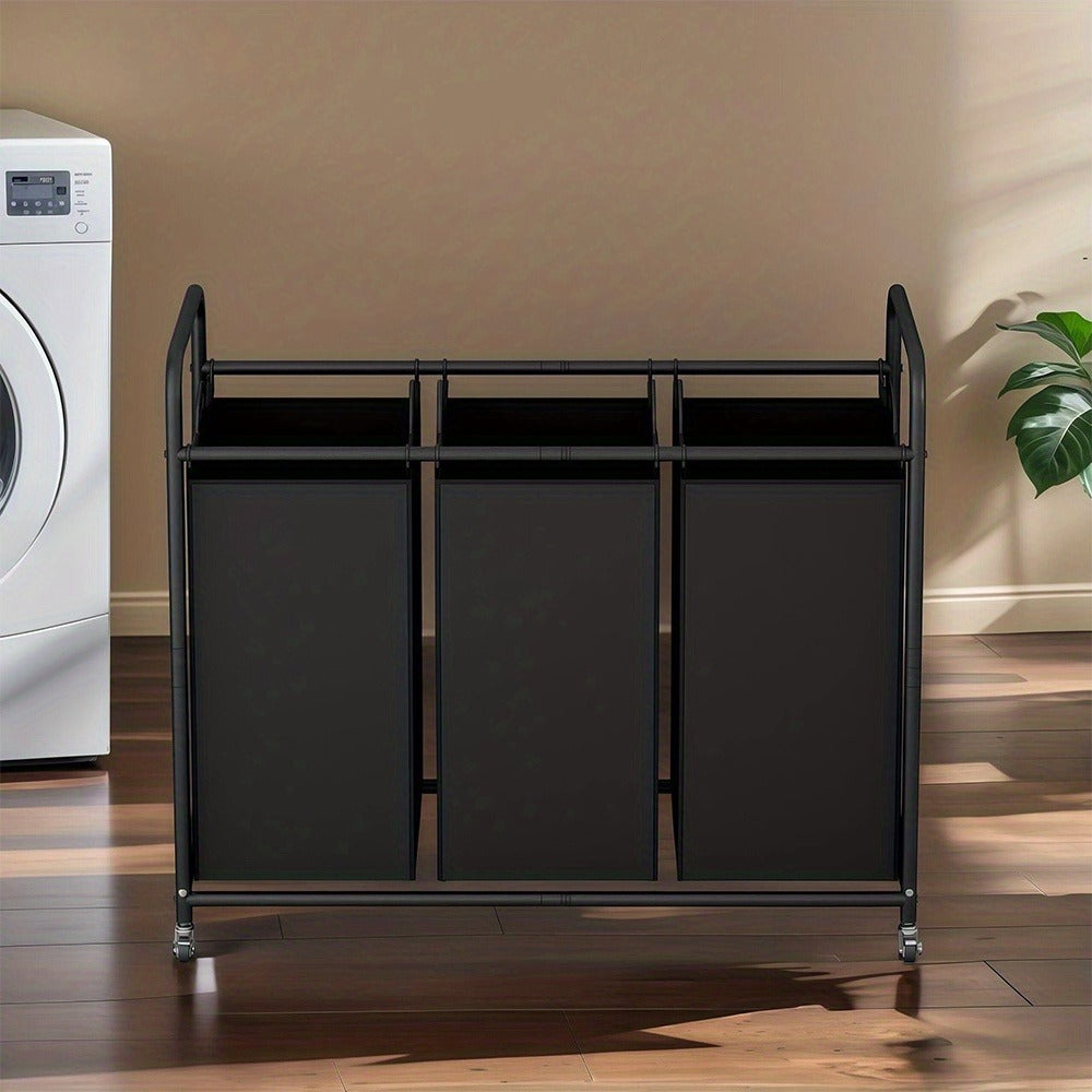 3-Bag Laundry Sorter Cart 63.4 Gallon ¨C Rolling Hamper with Lockable Wheels & Removable Bags, Heavy-Duty Fabric Laundry Basket for Bedroom & Laundry Room, Black Gray Beige Brown
