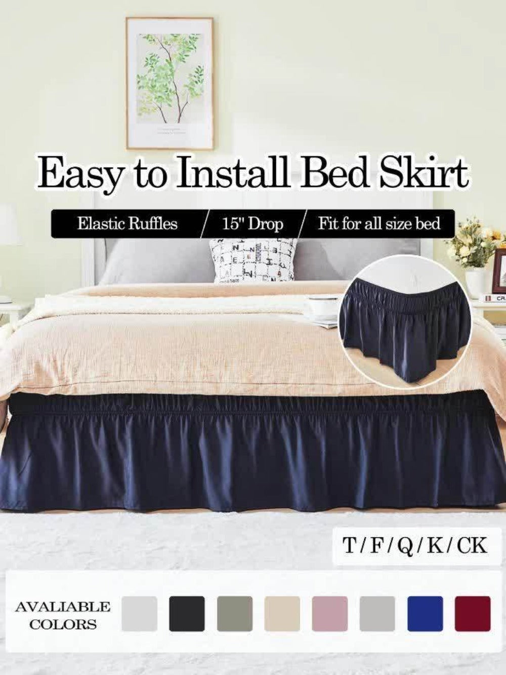 Ruffled Bed Skirt with Adjustable Elastic - Twin Full Queen King, 15-Inch Drop, Machine Washable, 30 Colors
