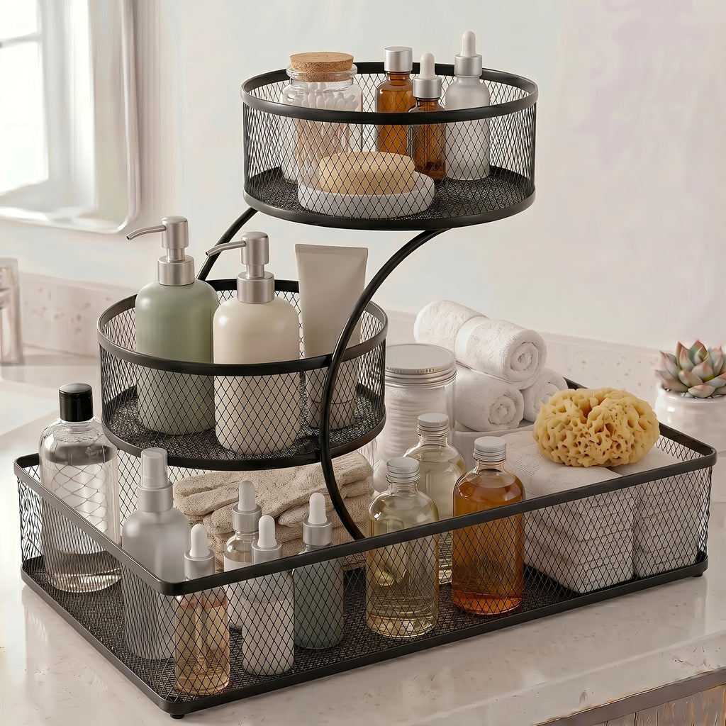 Bathroom Storage Rack 3-Tier Metal Countertop Organizer with Spray Bottle & Hooks ¨C Rust-Resistant Diamond Mesh Shelf for Vanity, Skincare, Cosmetics & Toiletries