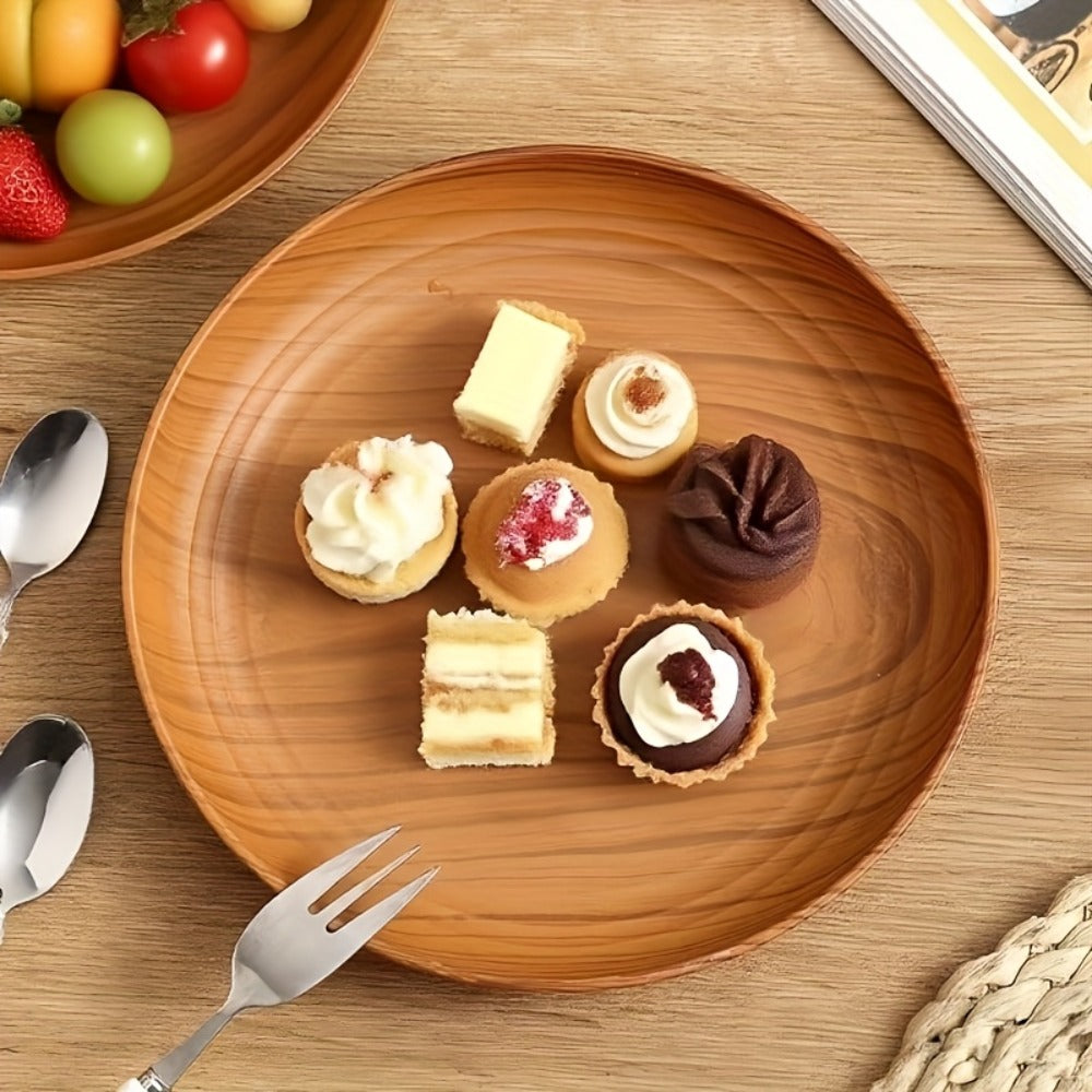 10pcs Wood Grain Dinner Plates Set - Round Striped Plastic Serving Trays for Home Kitchen Dessert Shop Restaurant | Fruit Tray Tea Tray Cake Plate Snack Dish