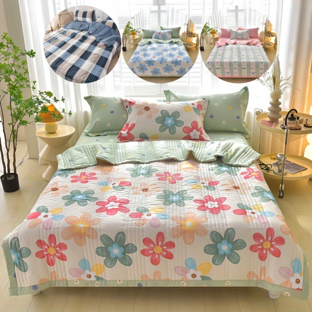 Quilt Set 3 Piece Summer Cooling ¨C Floral Printed Thin Comforter with 2 Pillowcases, Soft Skin-Friendly Bedding for Twin Full Queen King, All Season Lightweight Blanket for Bedroom Hotel Guest Room