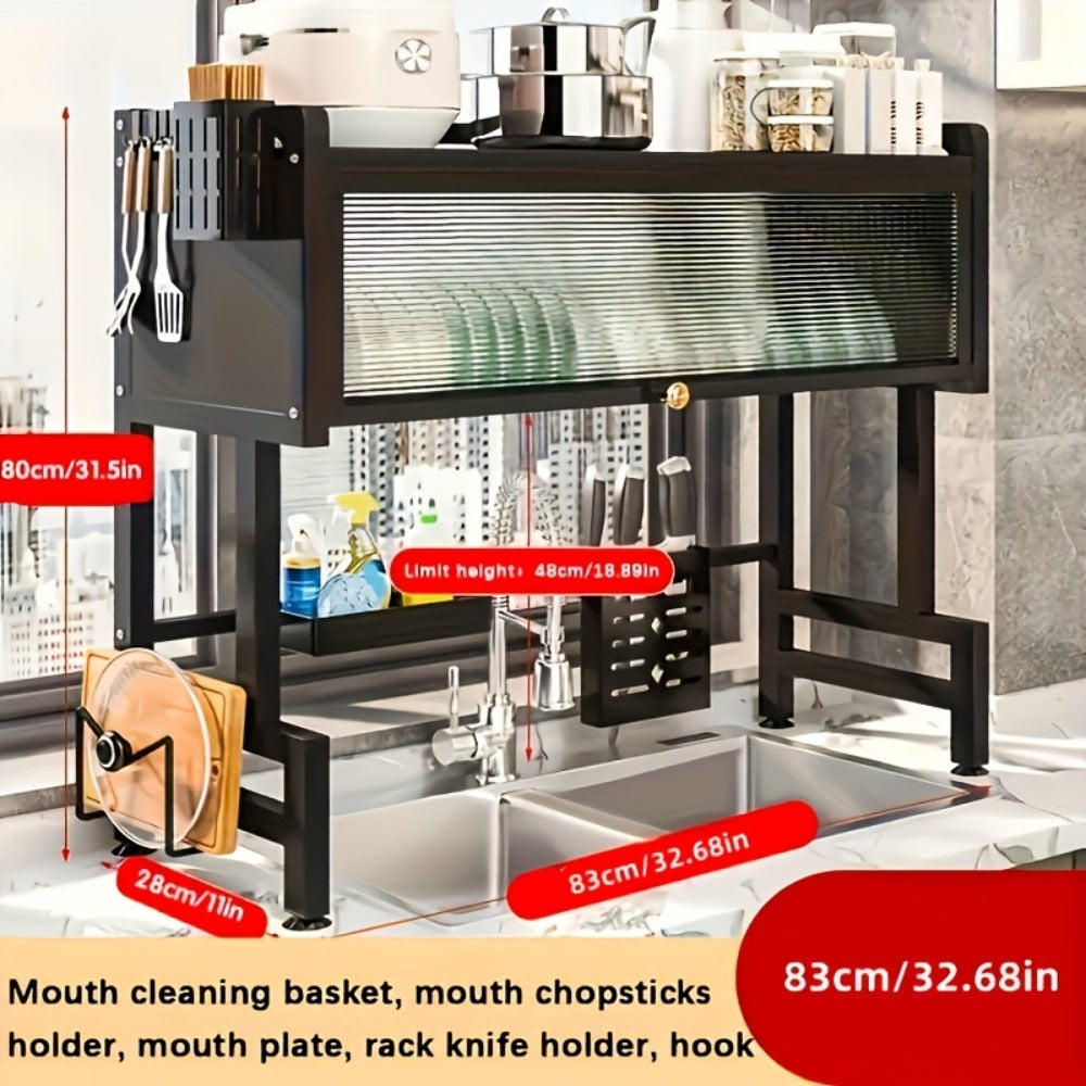 Dish Drying Rack Multi-Layer Kitchen Countertop Organizer - Dust-Free Drainer for Plates Bowls Utensils, Black Large Capacity Dish Rack