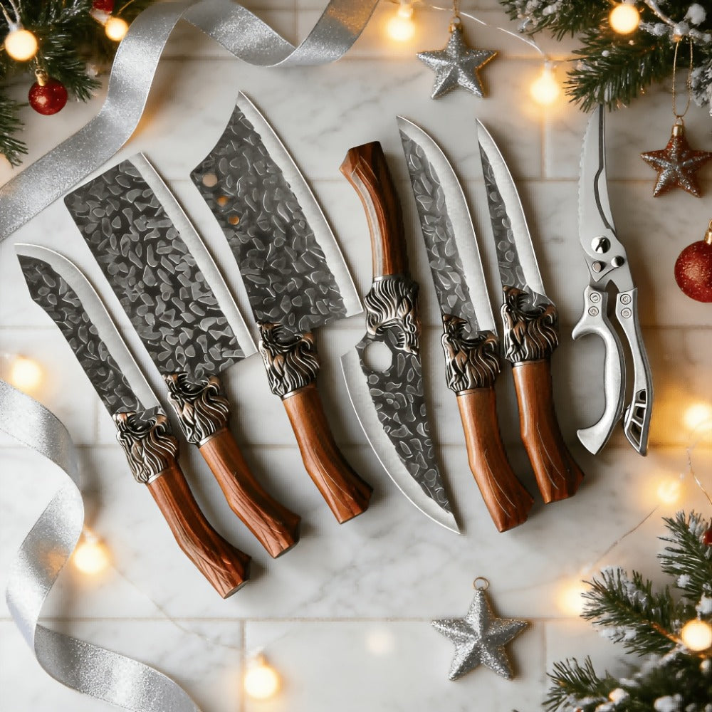 Kitchen Knife Set 7 Piece Professional Stainless Steel - Ultra Sharp Chef Knives with Boning, Slicing, Carving, Fish, Butcher Knife & Scissors for Meat