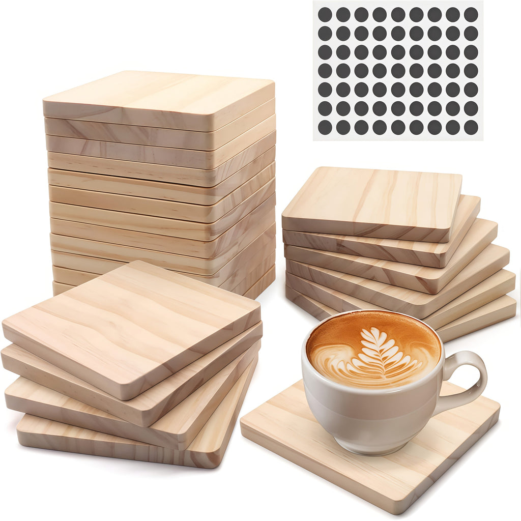 Unfinished Wood Coaster Blanks 4 Inch Round Square DIY Craft Supplies for Painting Engraving Burning with Non-Slip Felt Stickers Handmade Gift Home Decor Christmas Halloween Wedding