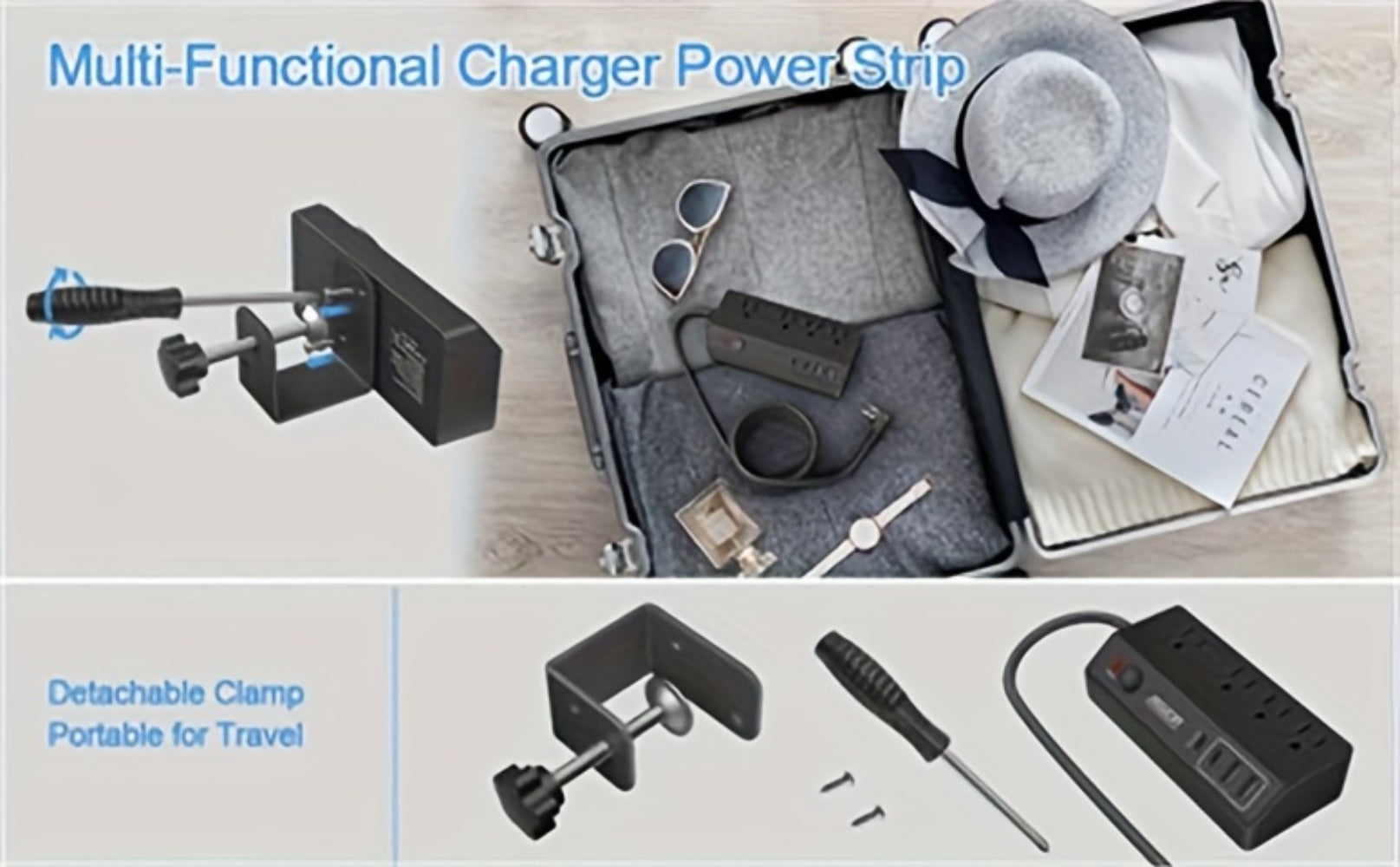 Desk Clamp Power Strip with USB-C PD 20W Fast Charging - 4 AC Outlets 4 USB Ports Surge Protector 1050J 8.8Ft Flat Plug Extension Cord Removable Clamp Fits 1.8 Inch Tabletop Edge Home Office Gaming