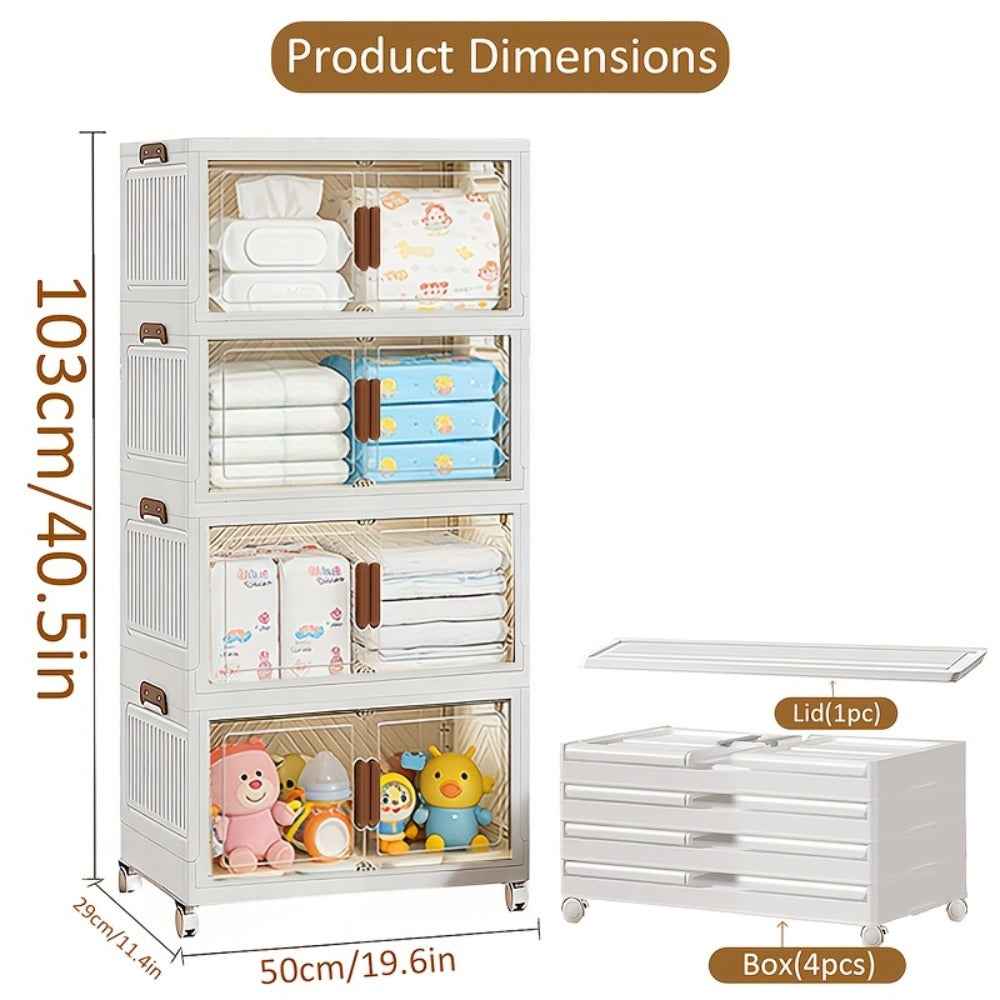 Stackable Foldable Storage Cabinet with Door ¨C PP Plastic 1/2/3/4/5 Layer Organizer Box with Wheels & Cover | Dual-Access Home Storage for Clothes, Books, Snacks & Kitchen Supplies | Office & Garage