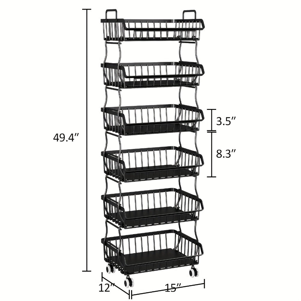 6-Tier Stackable Metal Wire Storage Basket Organizer with Wheels - Rolling Kitchen Pantry Rack for Fruits Vegetables Utensils, Space-Saving Open Shelf