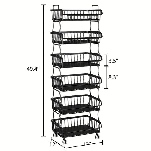 6-Tier Stackable Metal Wire Storage Basket Organizer with Wheels - Rolling Kitchen Pantry Rack for Fruits Vegetables Utensils, Space-Saving Open Shelf