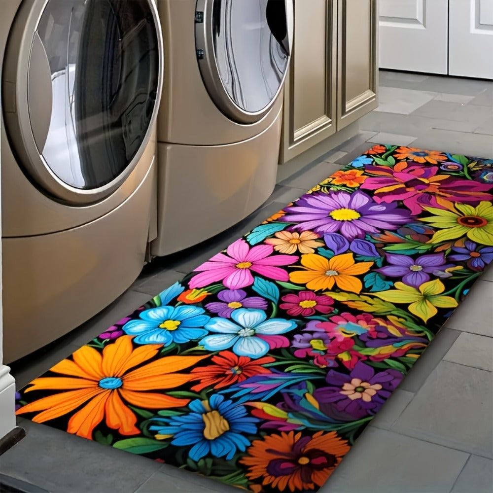 Kitchen Mat Floral Design ¨C Soft Non-Slip Rectangular Rug, Machine Washable 100% Polyester Floor Mat for Kitchen, Bathroom, Laundry Room, Living Room & Bedroom
