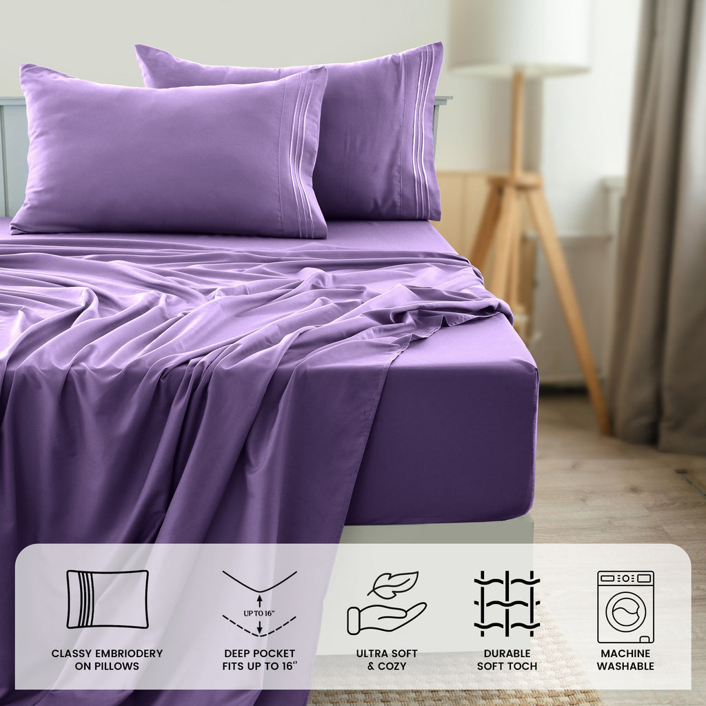 Fitted Sheet Set 6-Piece Brushed Polyester Deep Pocket Bed Sheets 20 Colors Hotel Luxury Soft Bedding with Embroidered Pillowcases