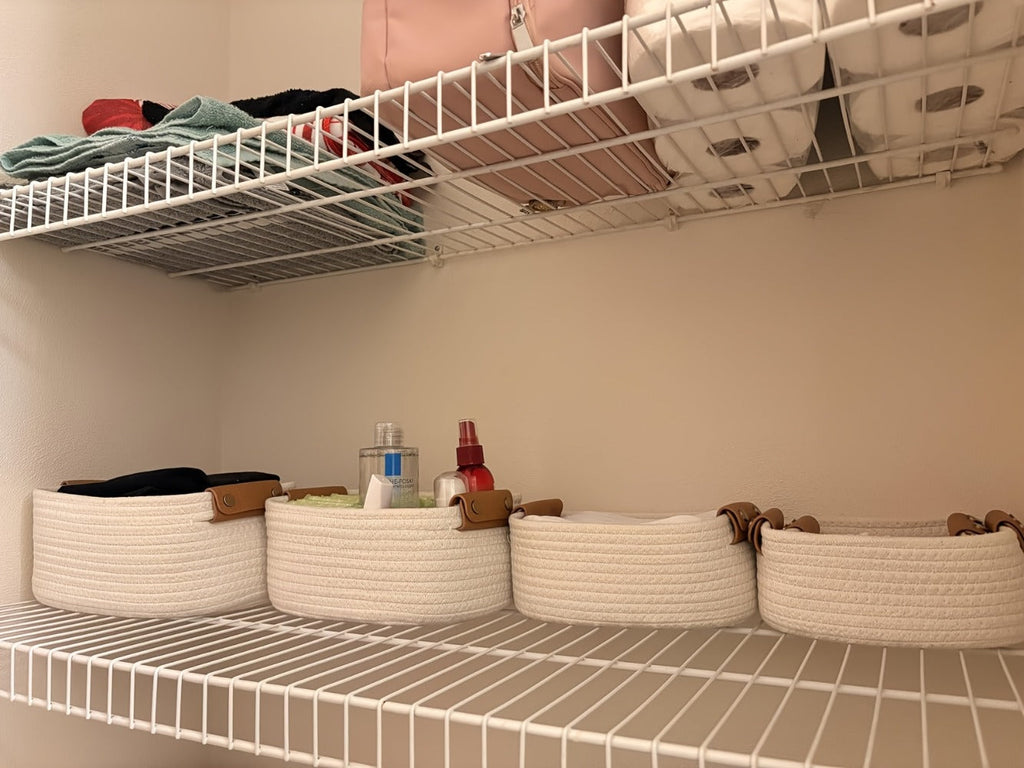 Cotton Rope Storage Basket Set of 5 Woven Baskets with Leather Handles for Shelves Bathroom Bedroom Living Room Office Organizer Bins Boho Home Decor Natural Brown White Black