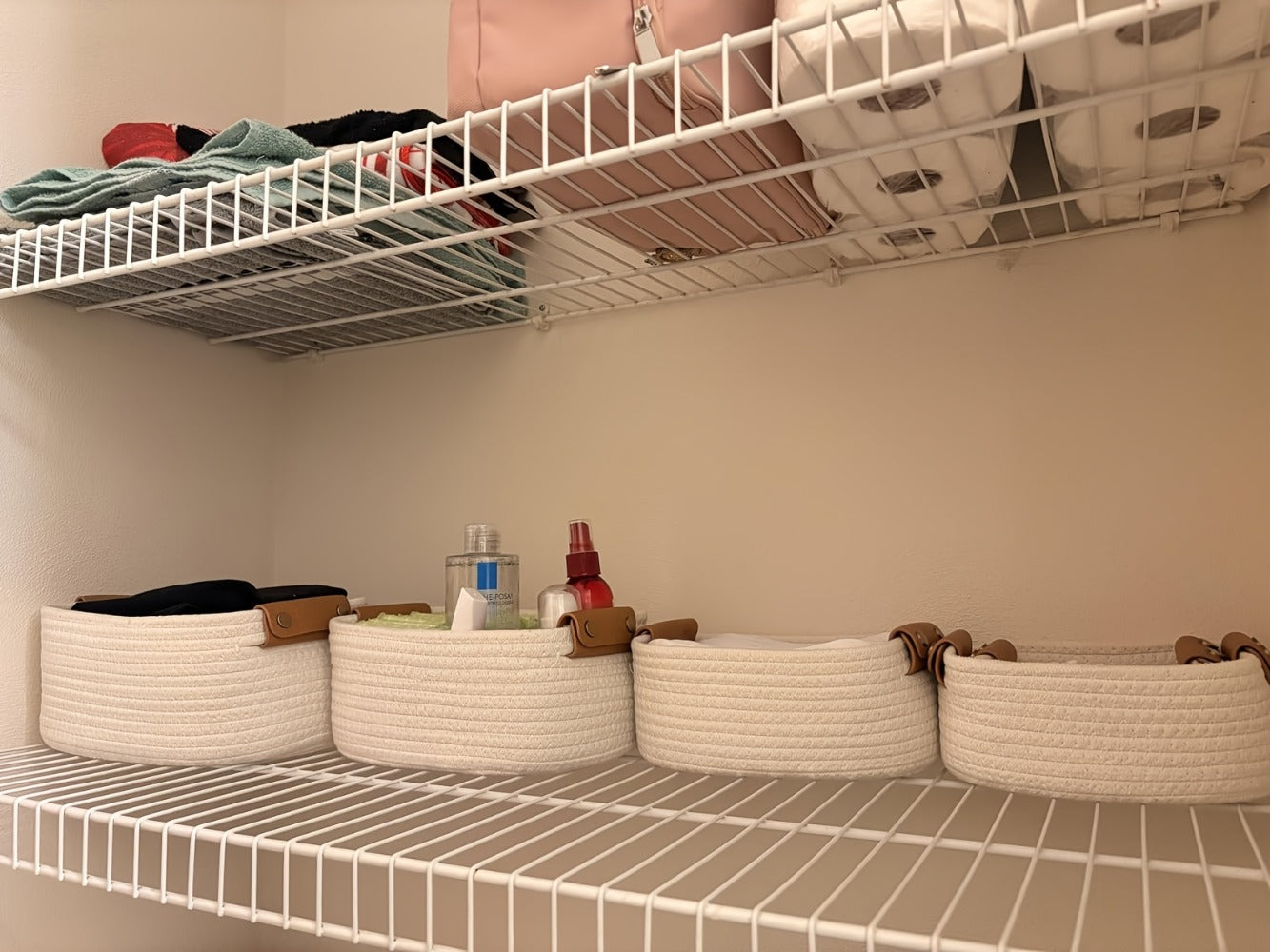 Cotton Rope Storage Basket Set of 5 Woven Baskets with Leather Handles for Shelves Bathroom Bedroom Living Room Office Organizer Bins Boho Home Decor Natural Brown White Black