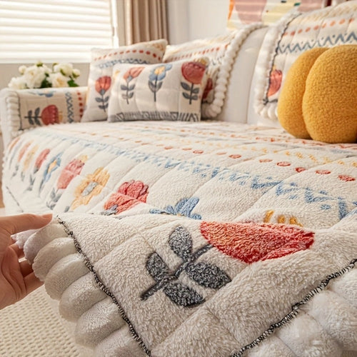 Bohemian Floral Quilted Sofa Cover - Thick Milk Fleece Warm Cozy Couch Protector Machine Washable with Ruffle for 2 3 4 Seater Living Room Decor, White