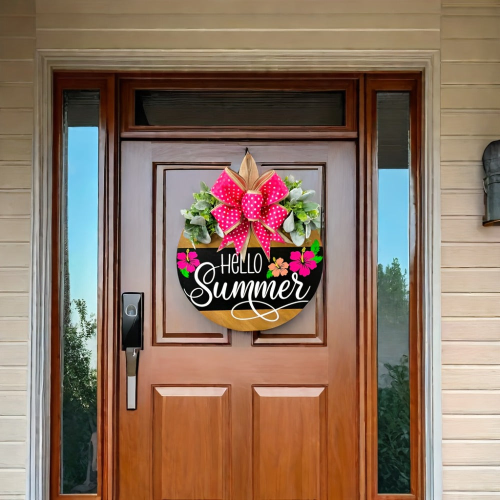 Summer Door Hanger for Front Door - Hello Summer Spring Wreath All Season Door Decor Farmhouse Hanging Sign for Home Porch Entryway Indoor Outdoor Wall Decoration