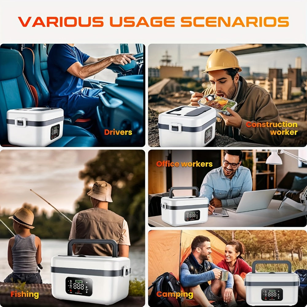 Wireless Heated Lunch Box 8000mAh Battery Powered - 60W Electric Food Warmer 1L Stainless Steel with Smart Timer 8 Settings and Power Bank Function, Portable Lunch Heater for Office Car Truck and Travel, BPA-Free with Fork Spoon and Insulated Bag