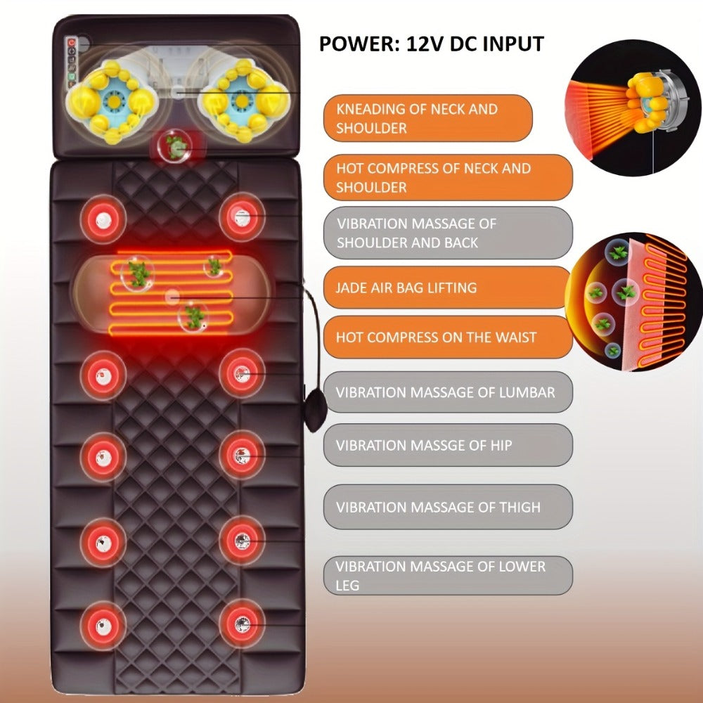 Full Body Shiatsu Massage Mattress ¨C 10-Zone Vibration with Neck Kneading & Hot Compress, 12V Safety Voltage Massage Mat for Back Neck & Waist Relief, Home Relaxation Gift for Men Women