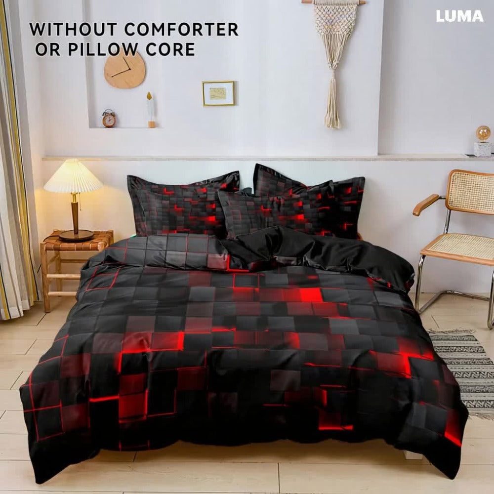 Duvet Cover Set Queen King Twin Full 3D Geometric Cube Print | 3-Piece Polyester Bedding Set | Black Blue Grid Pattern | All-Season Soft Quilt Cover + 2 Pillowcases | Machine Washable