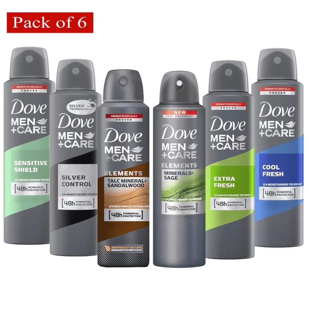 Dove Men+Care Dry Spray Antiperspirant Deodorant Pack of 6 ¨C 150mL Each (5 fl oz), 48H Protection, Alcohol-Free, Assorted Scents, Total 30 fl oz