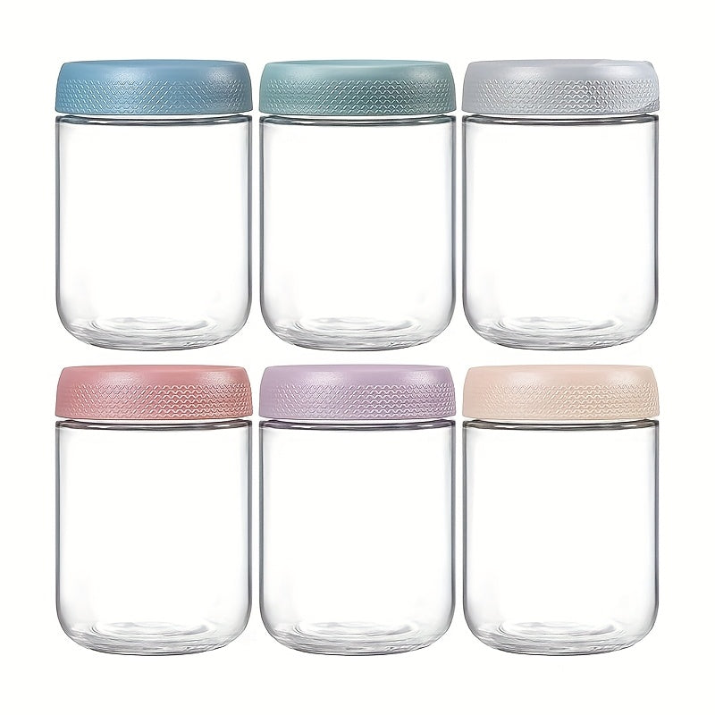 Glass Airtight Jars 6 Pack 16oz - Moisture Proof Food Storage Containers with Screw Top Lids and Silicone Sleeves for Tea Grains Nuts Snacks and Yogurt, Clear Round Glass Canisters for Kitchen Pantry Counter Organization