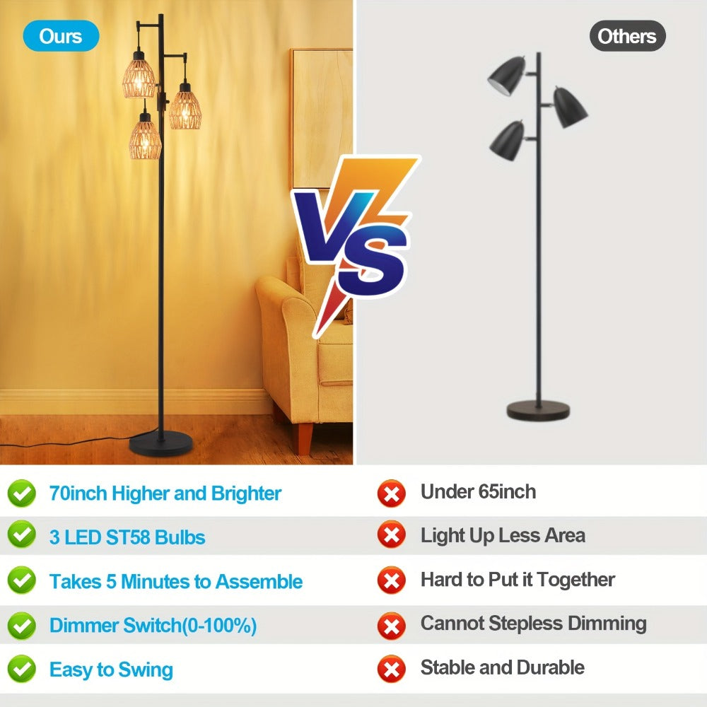 Boho Rattan Floor Lamp Dimmable ¨C 3-Light Stepless Dimming Standing Lamp with Natural Rattan Shade & Metal Base for Living Room, Bedroom, Dining Room ¨C Warm Bohemian Home Lighting
