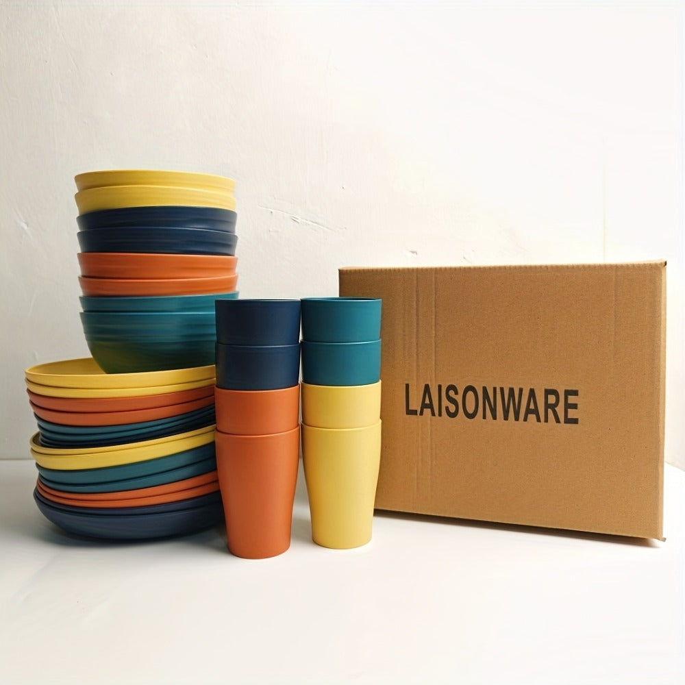 Wheat Straw Dinnerware Set 32/16pcs, Unbreakable Plastic Plates Bowls Cups, Colorful Outdoor Camping Dishes Service for 8