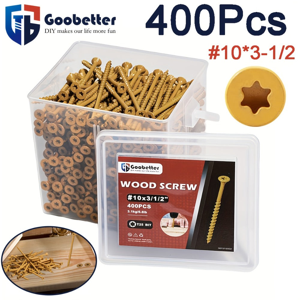 400pcs #10 x 3-1/2¡± Torx Wood Screws Rust Resistant Yellow Ceramic Coating ¨C Flat Head Fully Threaded Self-Tapping Screws for Wood Fastening Decking & Construction