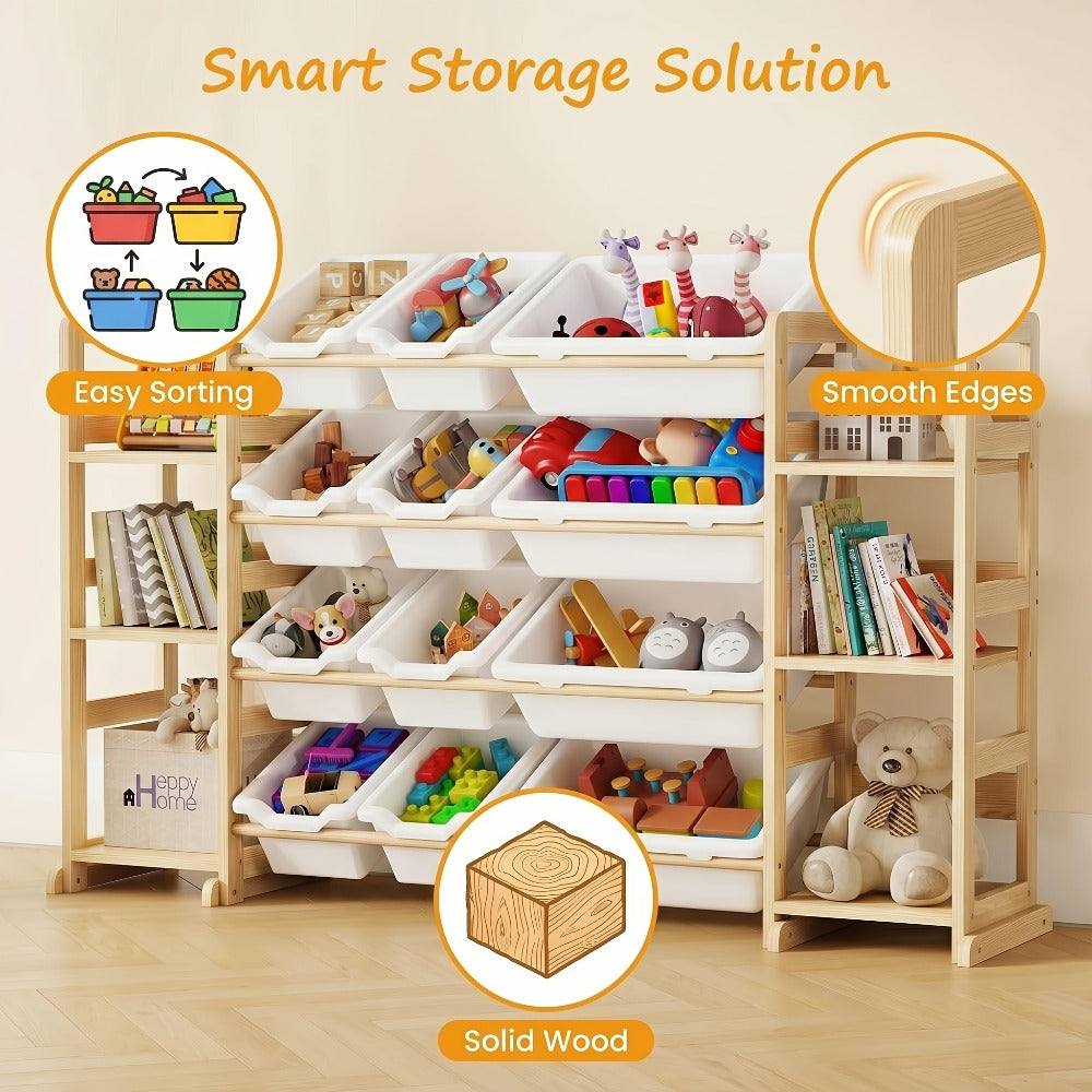Kids Storage Organizer with 12 Bins and Bookshelf - Wooden Toy Chest Cubby Unit for Playroom Bedroom, Large Capacity Shelf for Books Stuffed Animals Toys, Easy Assembly Natural Wood Furniture 52x31.7 Inch