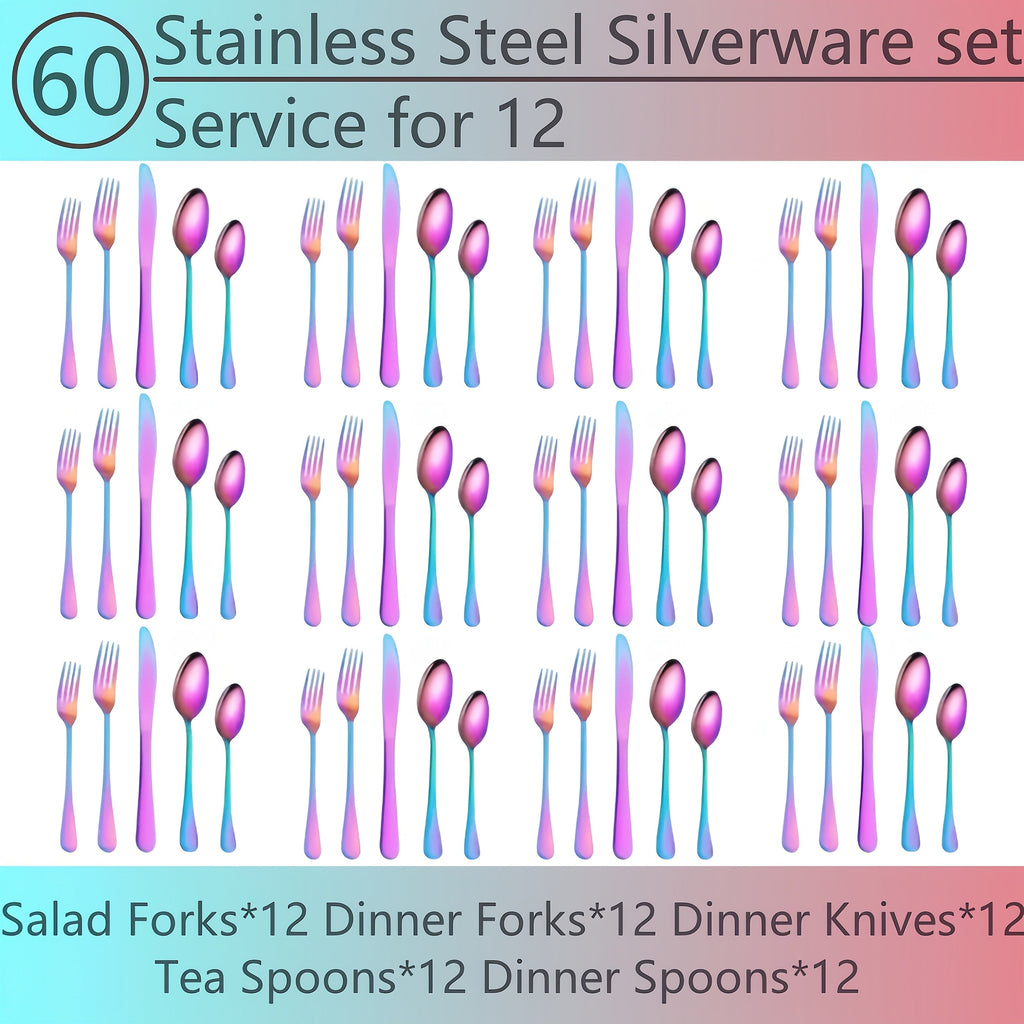 Flatware Set for 12, 60-Piece 304 Stainless Steel Cutlery Set with Mirror Polish & Titanium Plated Finish ¡ª Dishwasher Safe Silverware with Knife, Fork & Spoon | Silver, Gold & Rainbow