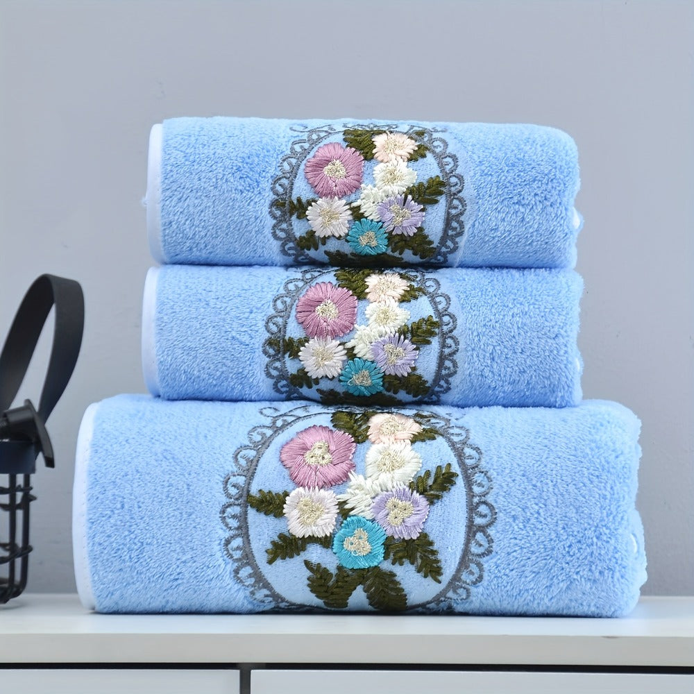 Embroidered Flower Towel Set 3-Piece Soft Absorbent Skin-Friendly Bath Towel and Face Towels for Bathroom Home Bathing Beach