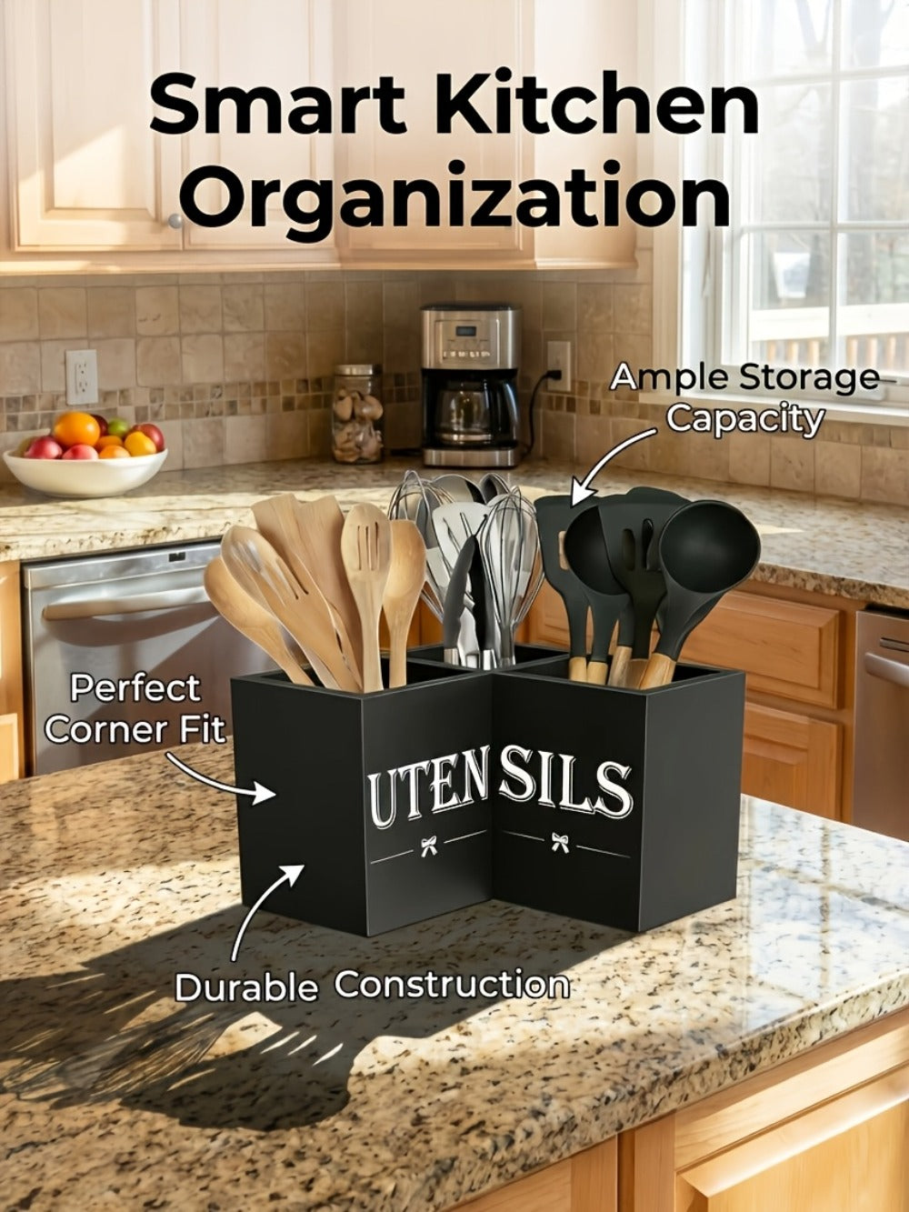 Kitchen Utensil Holder with 3 Compartments Extra Large Wooden Countertop Organizer | Farmhouse Black Kitchen Storage for Spatulas Whisks Spoons | Rustic Wood Utensil Caddy for Kitchen Organization