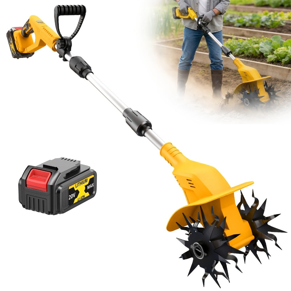 Electric Tiller Cultivator Cordless 20V Battery Powered - 8.6 Inch Tilling Width, Adjustable Ergonomic Handle, Garden Bed & Farm Soil Breaker, Available in Small/Large with 1 or 2 Batteries Included