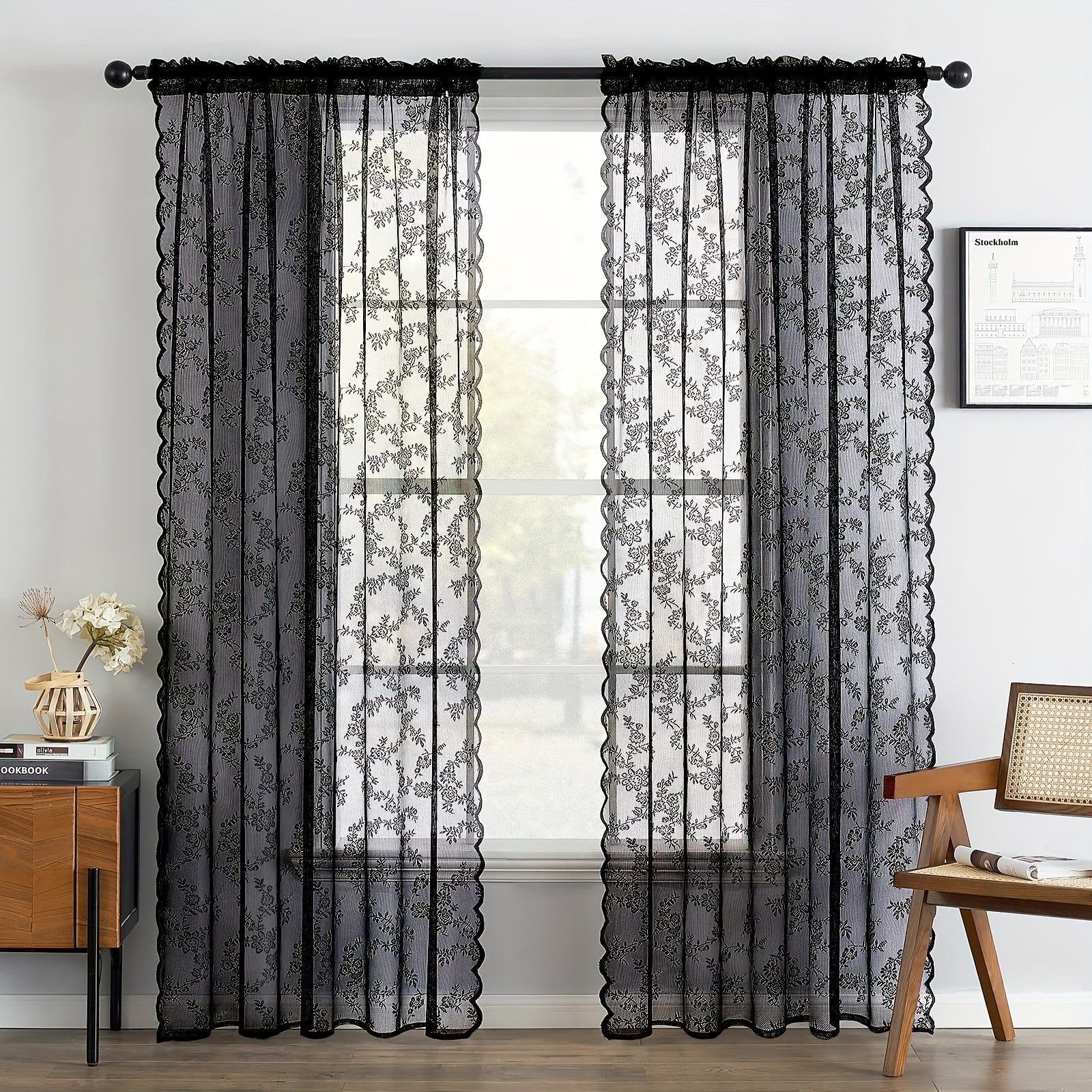 Sheer Lace Curtains 2 Panels Bohemian Floral Semi-Transparent Rod Pocket Window Curtains for Living Room Bedroom All Seasons