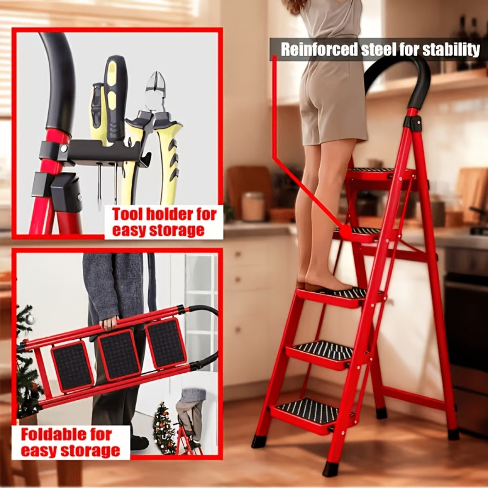 Folding Step Ladder with Anti-Slip Pedals & Handrail ¨C 2/3/4/5 Step Stool for Adults, Sturdy Steel, Lightweight Portable, Non-Slip Feet, Rust-Resistant, Foldable for Home Kitchen Office Bedroom Use