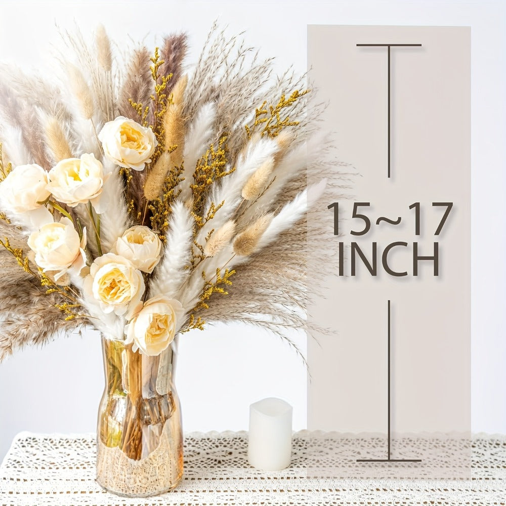 Dried Flower Bouquet Pampas Grass with Artificial White Beige Roses 51 91pcs Boho Dried Floral Arrangement for Wedding Centerpiece Farmhouse Home Table Decor Rustic Vase Filler No Maintenance