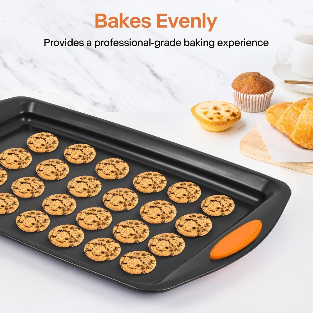 Nonstick Baking Sheet Set with Silicone Handles, Carbon Steel Cookie Sheet Pan Set in Assorted Sizes, Stackable Bakeware for Baking Roasting, Heavy Duty Oven Pans with Orange Handles, 2-Piece or 6-Piece