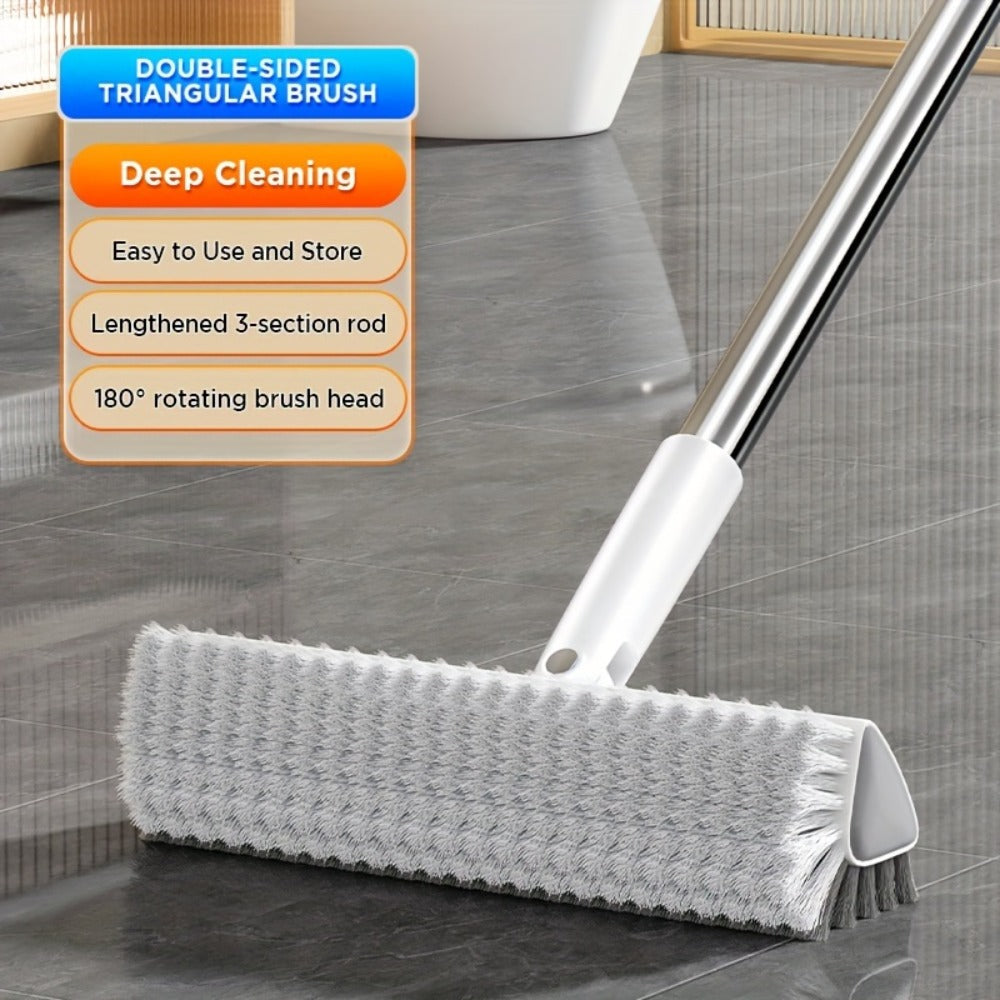 Floor Scrub Brush 52 Inch Long Handle Double-Sided V-Shaped Triangle Head Stiff Bristles Deep Cleaning Corners Gaps Tile Bathroom Kitchen Patio Crevice Brush