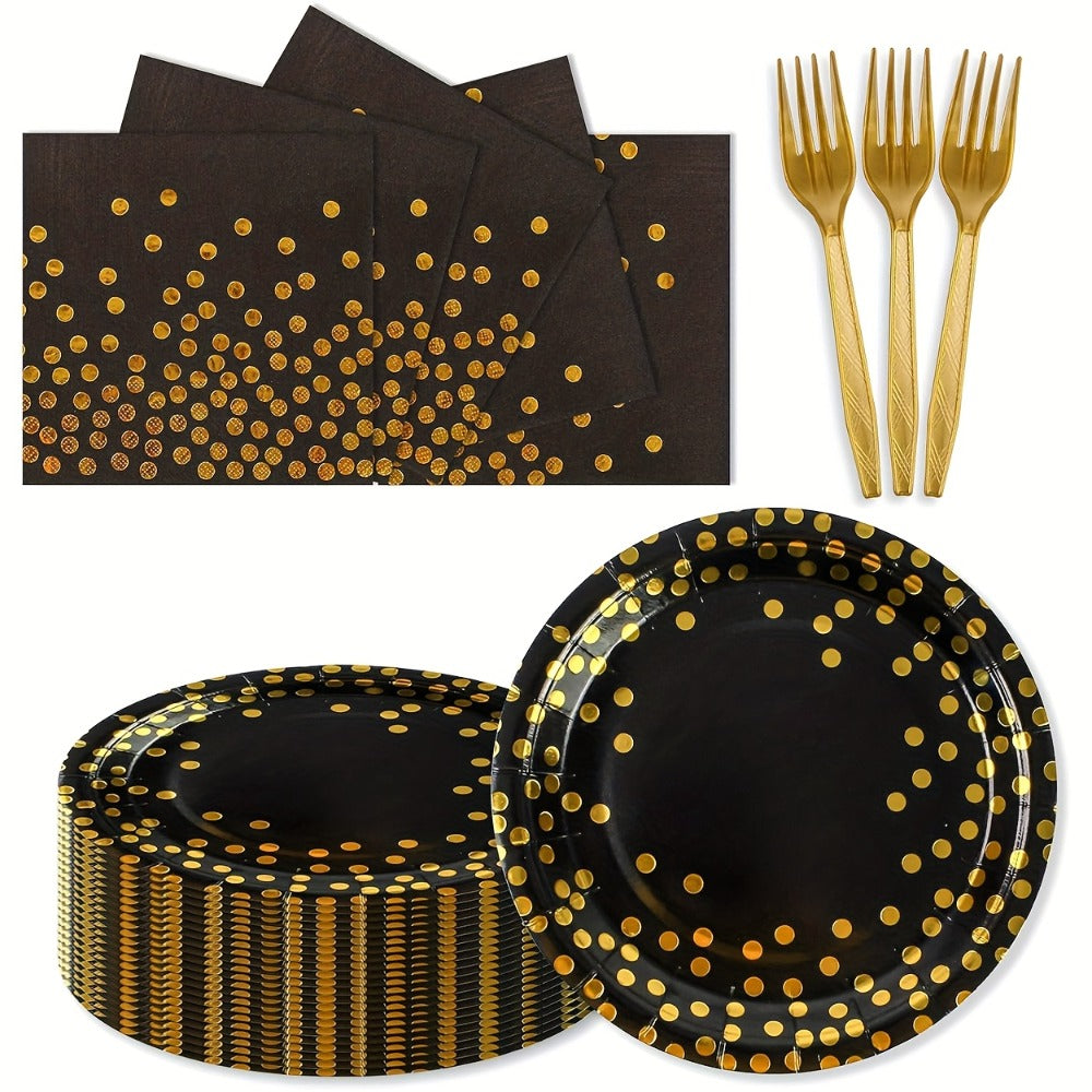 Disposable Party Supplies Set 150 Piece Black and Gold - Paper Plates, Napkins & Forks for 50 Guests, Elegant Tableware for Birthday, Wedding, Graduation & Holiday Celebrations