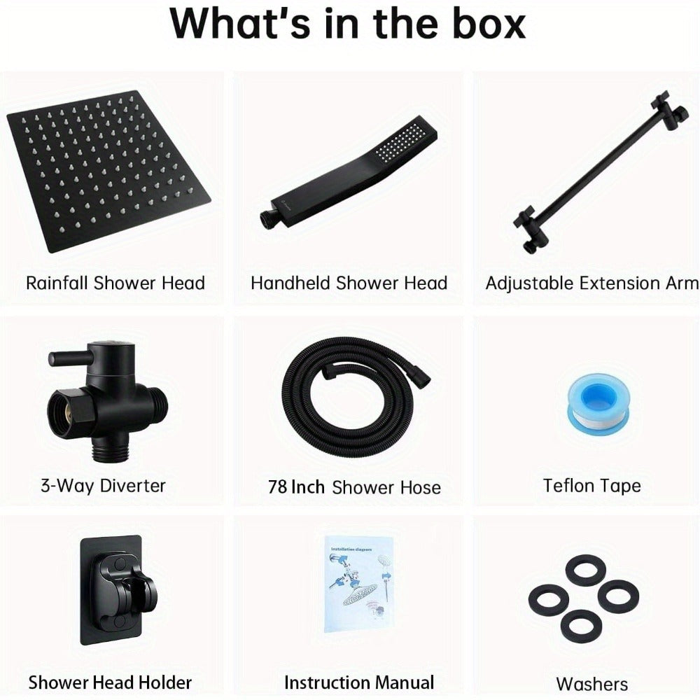 High Pressure Rainfall Shower Head Handheld Combo 4-Spray Modes 10 12 Inch Adjustable Extension Arm 78-Inch Hose Adhesive Holder Wall Mount Chrome Black Bathroom