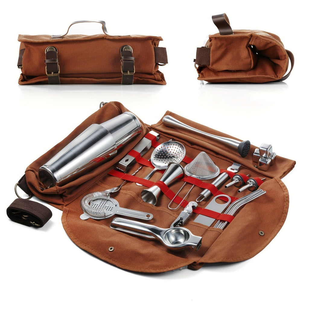 25 Piece Bartender Travel Set Cocktail Kit with Portable Bag | Stainless Steel Mobile Bar Set for Home, Parties & Camping