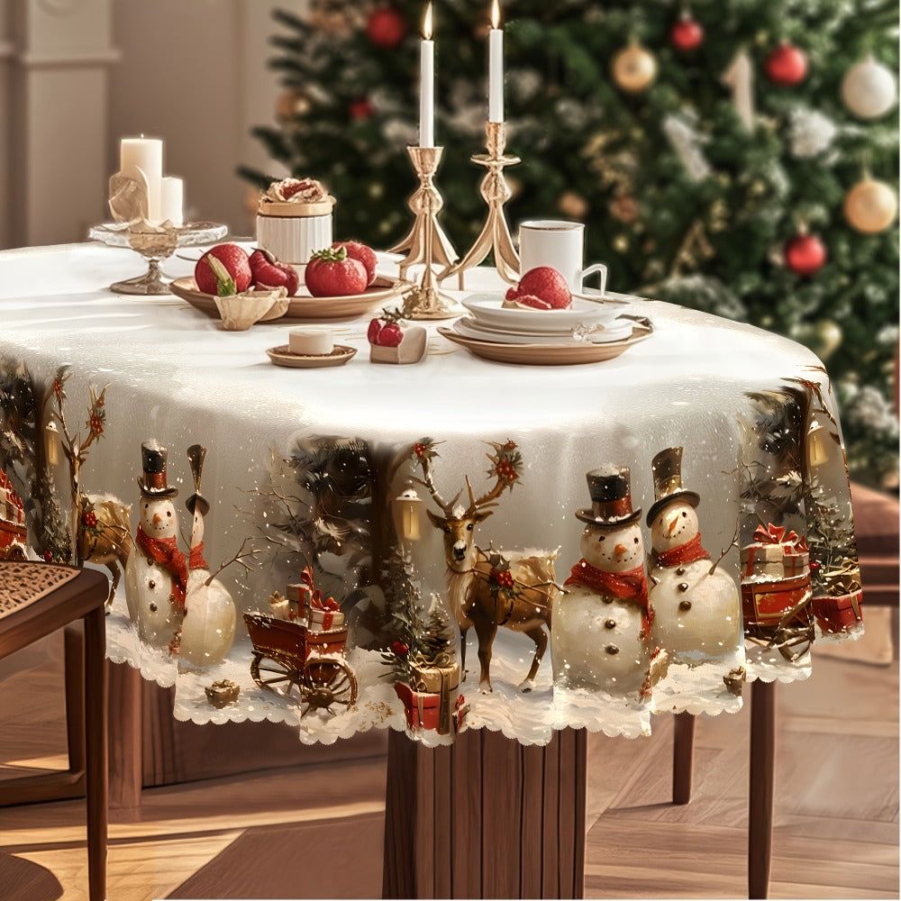 Christmas Tablecloth Vintage Snowman Reindeer Christmas Tree Red Holiday Table Cover for Rectangular Round Oval Tables Durable Polyester Fabric Party Home Restaurant Decorations