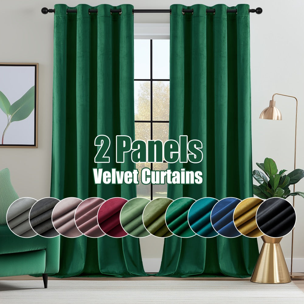 Velvet Room Darkening Curtains 2 Panels | Grommet Top Thermal Insulated Soundproof Blackout Curtains for Living Room Bedroom, Soft Solid Color Vintage Window Drapes