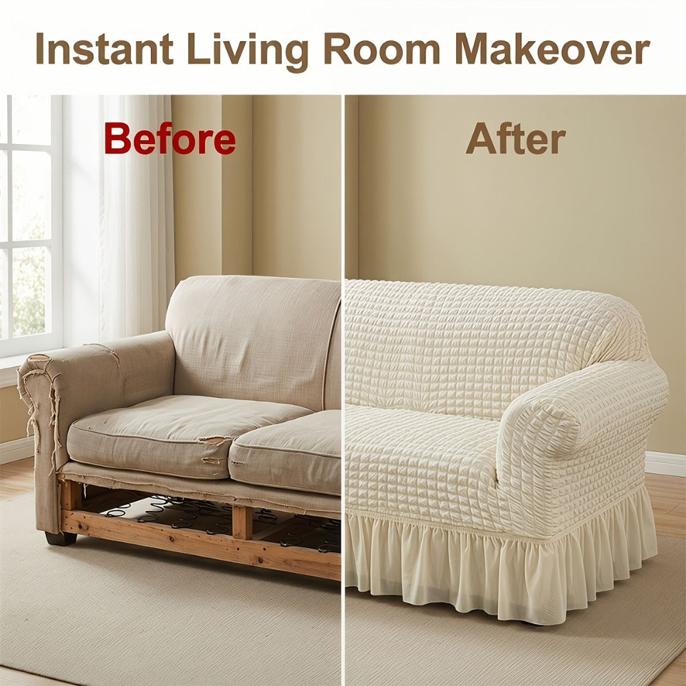 Seersucker Sofa Slipcover Elastic Band Closure Pet-Friendly All-Purpose Sofa Cover for Living Room Home Decor Protection ¡ª Single 2 4 Seater Multiple Colors
