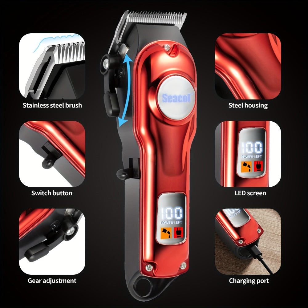 Men's Hair Clipper Set with T-Trimmer - USB Rechargeable Electric Hair Cutting Kit with LED Display, Cordless Grooming Combo for Beard Shaping, Fading & Detailing, Holiday Gift for Men, Red