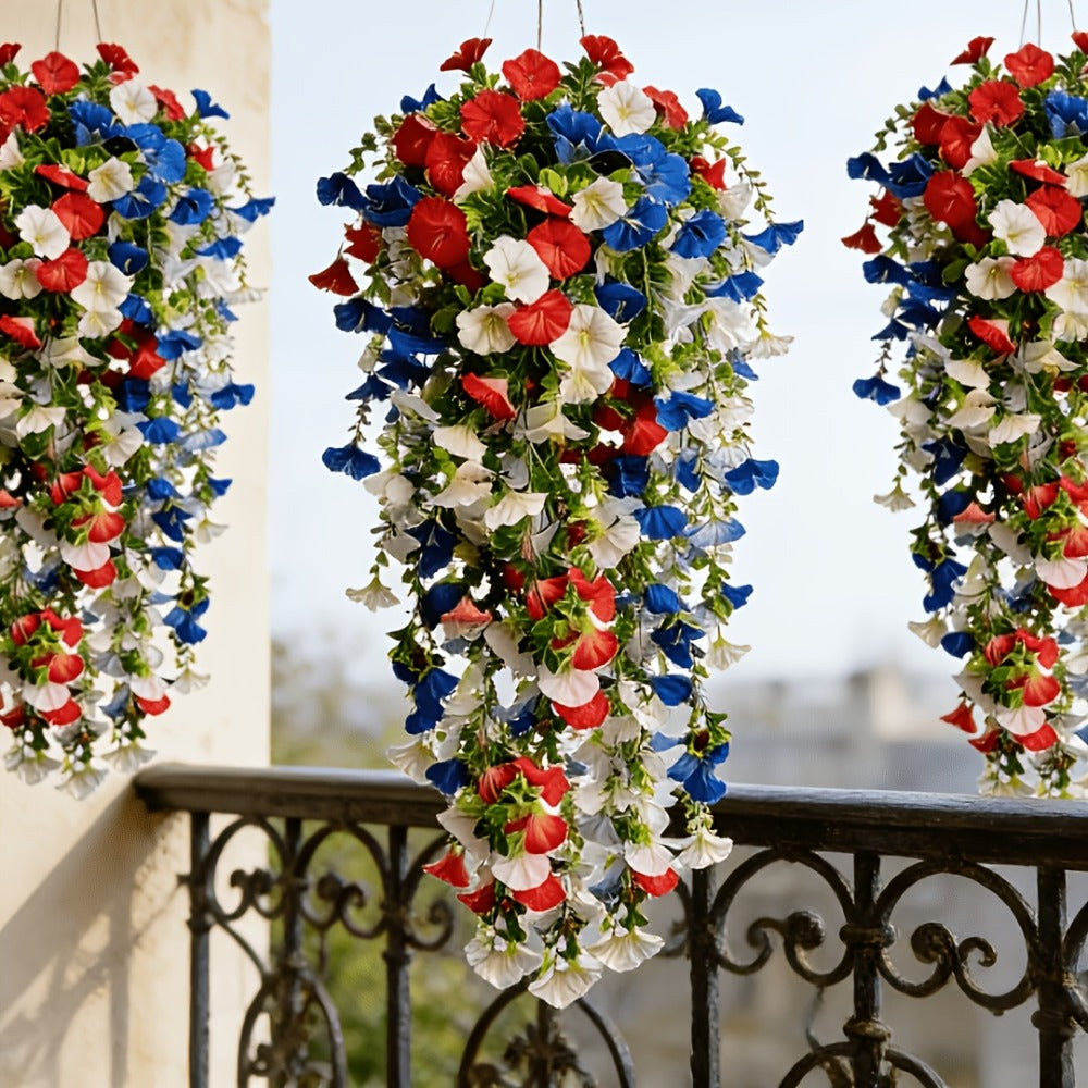 Artificial Hanging Morning Glory Flowers 6pcs - Red White Blue Fake Flower Vines for Home Garden Outdoor Indoor Decor, Independence Day Memorial Day Decoration, No Maintenance Plastic Blooms