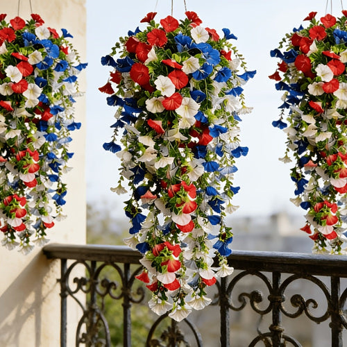 Artificial Hanging Morning Glory Flowers 6pcs - Red White Blue Fake Flower Vines for Home Garden Outdoor Indoor Decor, Independence Day Memorial Day Decoration, No Maintenance Plastic Blooms